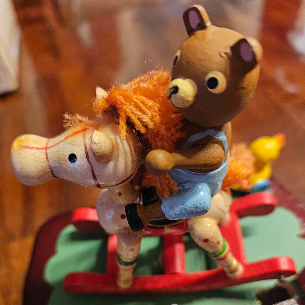 Vintage Baby's First Christmas Bear Dog Rocking Horse Wood Music Box